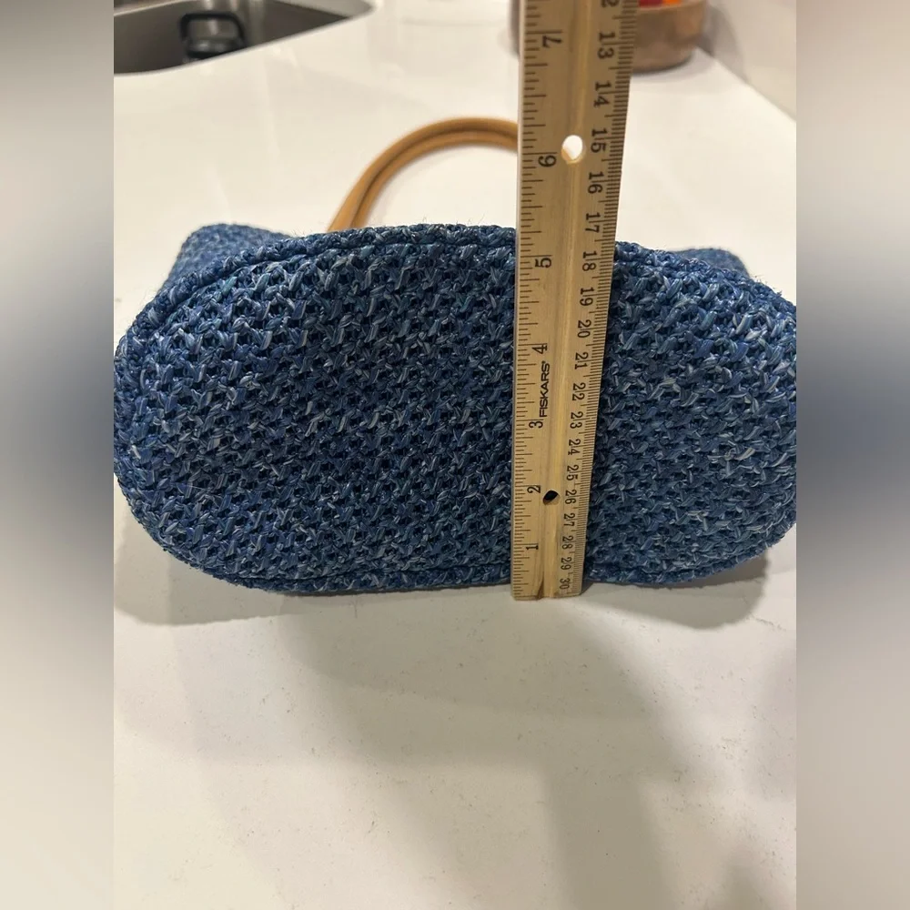 Blue Woven Straw Tote Floral Embroidered‎ Shoulder Bag Boho Cottagecore